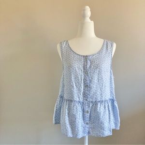 Sigrid Olsen 100% Linen Blue and White Floral Peplum Sleeveless Top Size Large